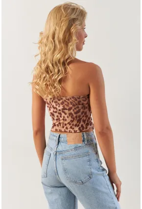 Kadın Camel Önü Büzgülü Leopar Crop Bluz MON137