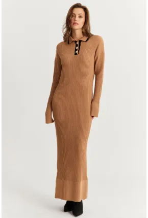 Kadın Camel Polo Yaka Triko Maxi Elbise MNUV17