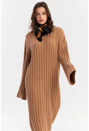 Kadın Camel Saç Örgülü Triko Midi Elbise KZ541