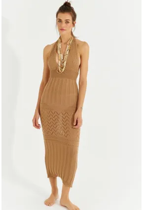 Kadın Camel Sırtı Açık Triko Maxi Elbise SF2505