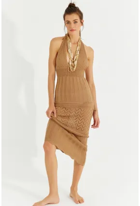 Kadın Camel Sırtı Açık Triko Maxi Elbise SF2505