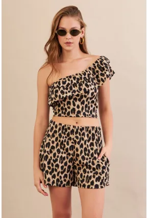 Kadın Camel-Siyah Desenli Crop Şort Takım EV100