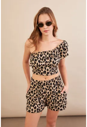 Kadın Camel-Siyah Desenli Crop Şort Takım EV100