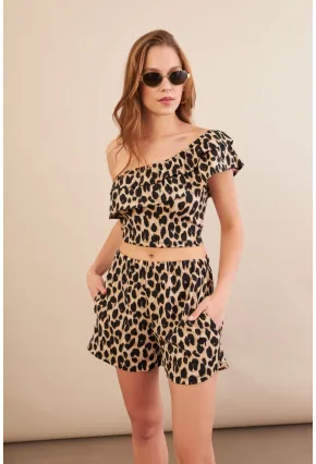 Kadın Camel-Siyah Desenli Crop Şort Takım EV100
