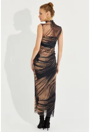 Kadın Camel-Siyah Desenli Maxi Tül Elbise RMZ21181