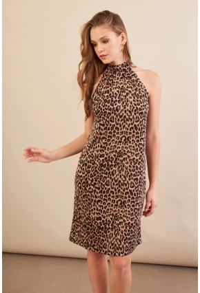 Kadın Camel-Siyah Halter Yaka Leopar Midi Elbise LPP1309
