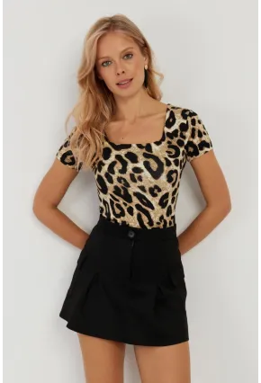 Kadın Camel-Siyah Kare Yaka Leopar Desenli Bluz LPP1258