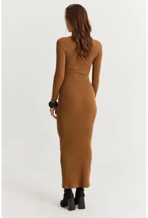 Kadın Camel-Siyah Kurdele Detaylı Kaşkorse Maxi Yılbaşı Elbise XL2043