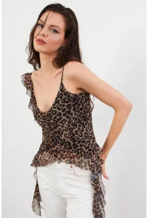 Kadın Camel-Siyah Leopar Desenli Fırfırlı Şifon Bluz FS033