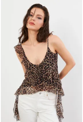 Kadın Camel-Siyah Leopar Desenli Fırfırlı Şifon Bluz FS033