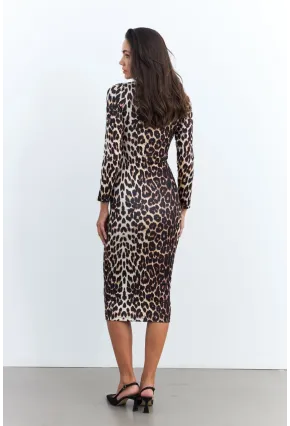 Kadın Camel-Siyah Leopar Midi Elbise RLO78