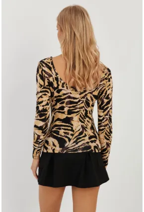 Kadın Camel-Siyah Ön Arka U Zebra Desenli Bluz LPP1266