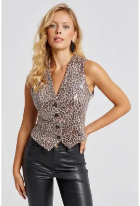 Kadın Camel-Siyah Payetli Leopar Yelek TW60170