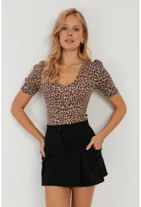 Kadın Camel-Siyah V Yaka Leopar Bluz LPP1263