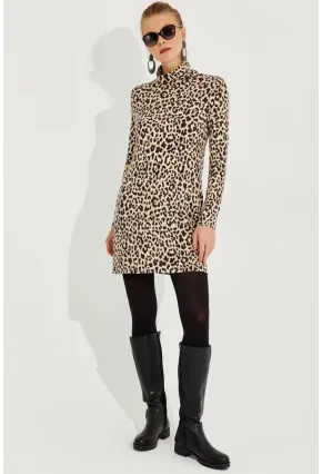 Kadın Camel-Siyah Yumoş Leopar Mini Elbise AYD253