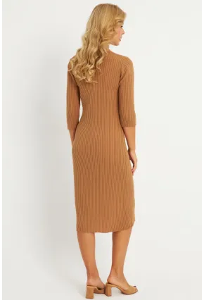 Kadın Camel Triko Midi Gömlek Elbise YV274