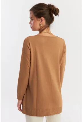 Kadın Camel V Yaka Yalaş Triko Bluz YİL552