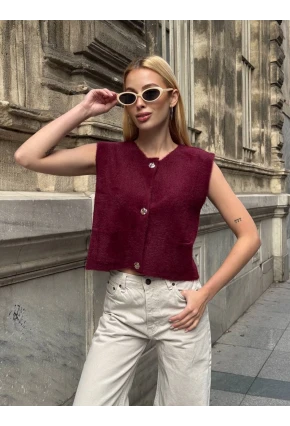 Kadın Cep Detay Düğmeli Bordo Yelek
