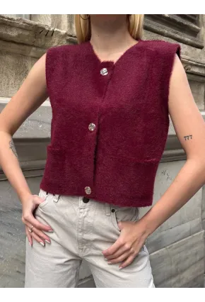 Kadın Cep Detay Düğmeli Bordo Yelek
