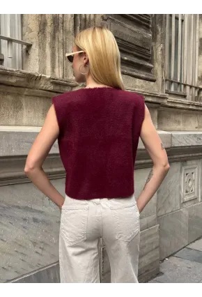 Kadın Cep Detay Düğmeli Bordo Yelek