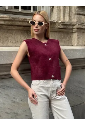 Kadın Cep Detay Düğmeli Bordo Yelek