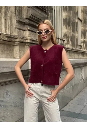 Kadın Cep Detay Düğmeli Bordo Yelek