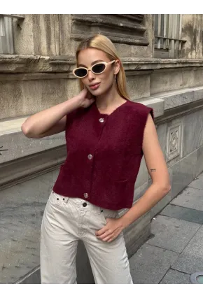 Kadın Cep Detay Düğmeli Bordo Yelek