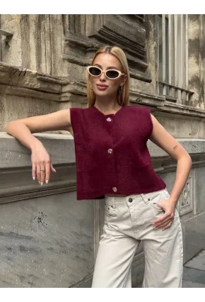 Kadın Cep Detay Düğmeli Bordo Yelek