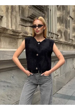 Kadın Cep Detay Düğmeli Siyah Yelek