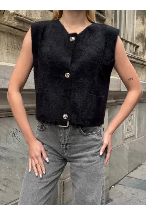 Kadın Cep Detay Düğmeli Siyah Yelek