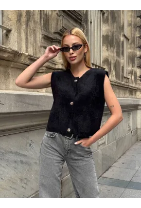 Kadın Cep Detay Düğmeli Siyah Yelek