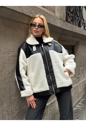 Kadın Deri Garnili Peluş Mont