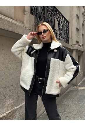 Kadın Deri Garnili Peluş Mont
