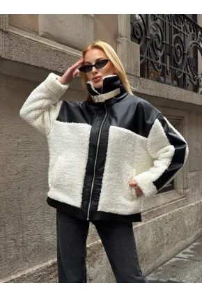 Kadın Deri Garnili Peluş Mont