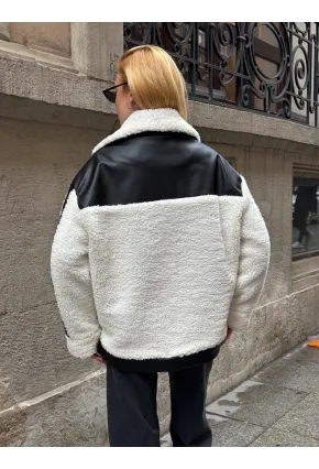 Kadın Deri Garnili Peluş Mont