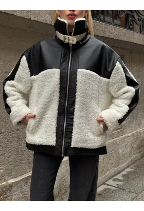 Kadın Deri Garnili Peluş Mont