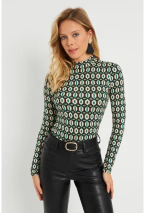 Kadın Desenli Bluz Ekru-Yeşil AYD288