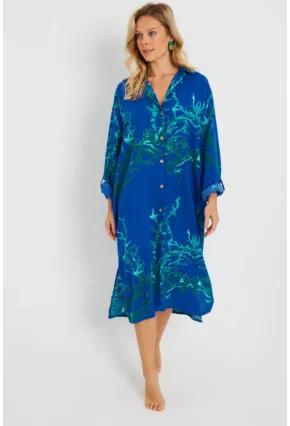 Kadın Desenli Gömlek Elbise Saks LV174