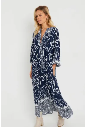 Kadın Desenli Salaş Maxi Elbise Lacivert Q981