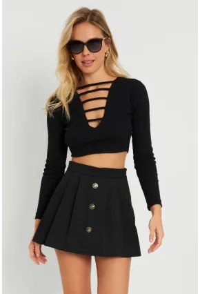 Kadın Düğme Detaylı Şort Etek Siyah KED0051