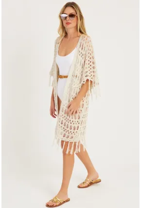 Kadın Ekru Ajurlu Püsküllü Hırka YV224