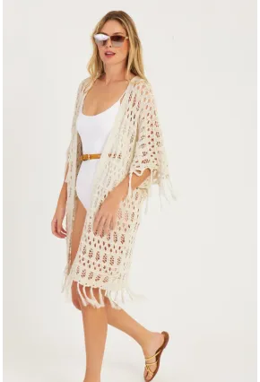 Kadın Ekru Ajurlu Püsküllü Hırka YV224