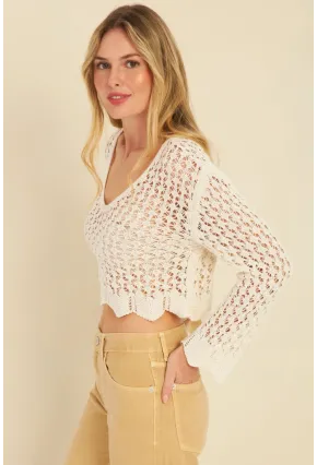 Kadın Ekru Ajurlu Triko Bluz MZU603