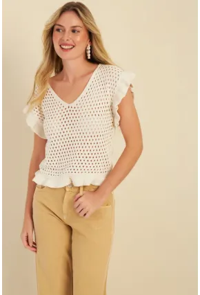 Kadın Ekru Ajurlu Triko Bluz ZU607
