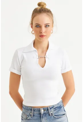 Kadın Ekru Aksesuarlı Crop Bluz COL3008