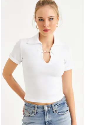 Kadın Ekru Aksesuarlı Crop Bluz COL3008