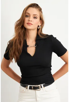 Kadın Siyah Aksesuarlı Crop Bluz COL3008