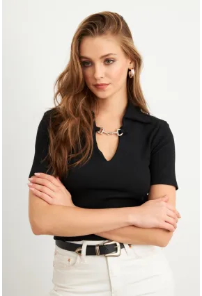 Kadın Siyah Aksesuarlı Crop Bluz COL3008