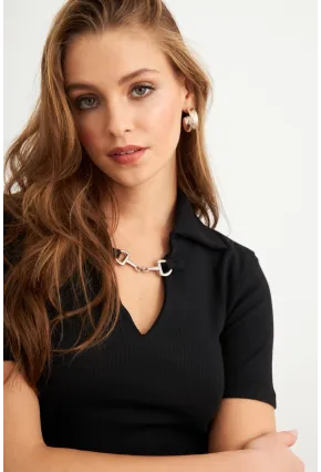 Kadın Siyah Aksesuarlı Crop Bluz COL3008
