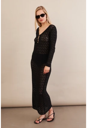 Kadın Siyah Aksesuarlı Triko Plaj Elbisesi KZ3237-90